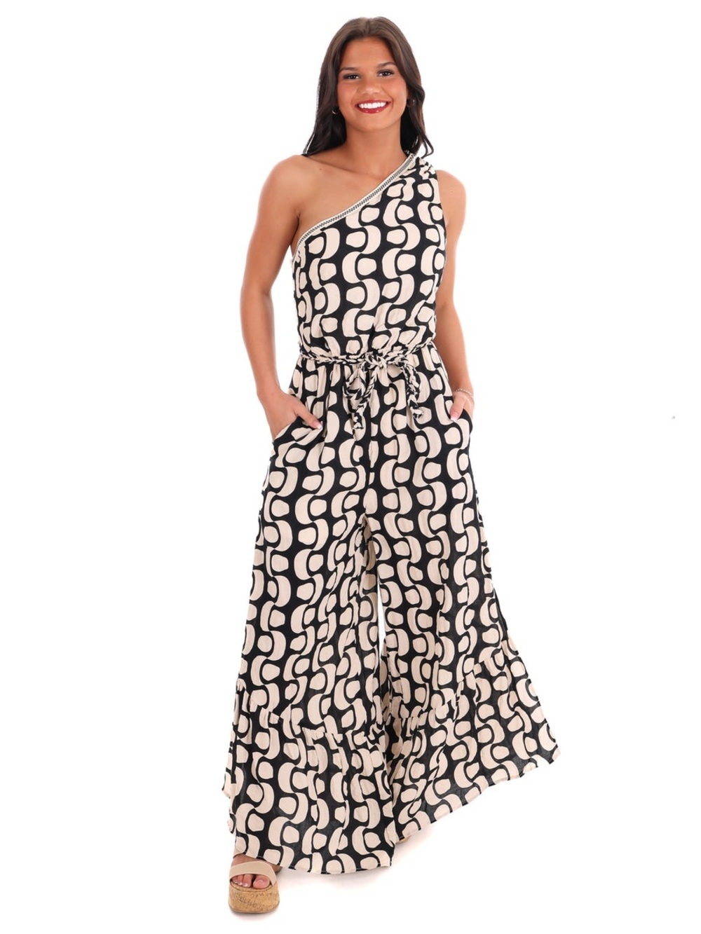 Illa Illa Boho One-Shoulder Black & Cream Printed Jumpsuit